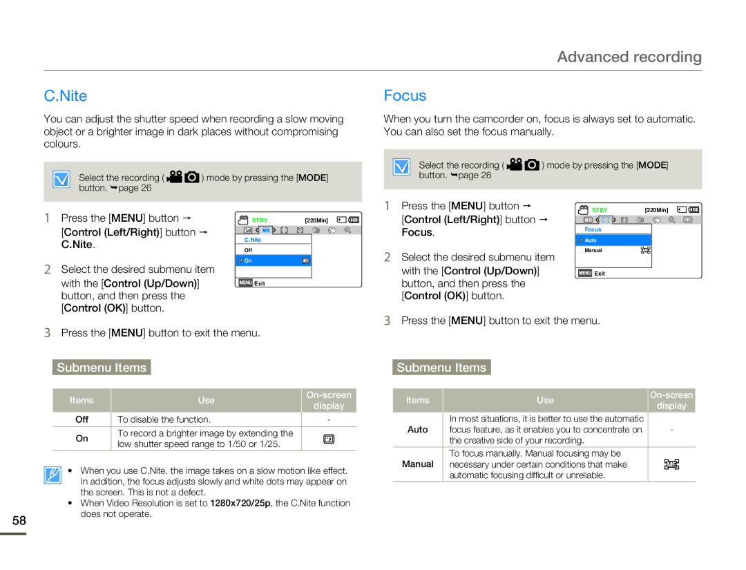 Samsung HMX-F80SP/EDC, HMX-F800BP/EDC, HMX-F80BP/EDC, HMX-F80BP/MEA manual C.Nite, Focus, Advanced recording, Submenu Items 