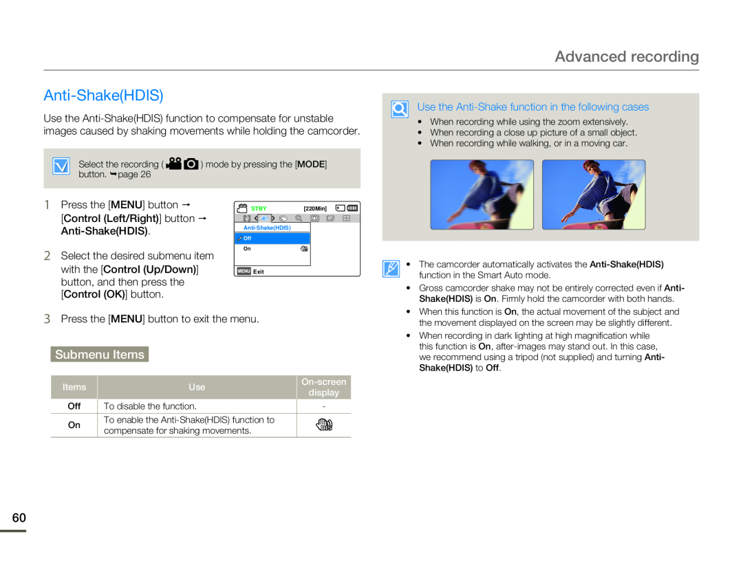 Samsung HMX-F80SP/AAW, HMX-F800BP/EDC, HMX-F80BP/EDC, HMX-F80BP/MEA manual Anti-ShakeHDIS, Advanced recording, Submenu Items 