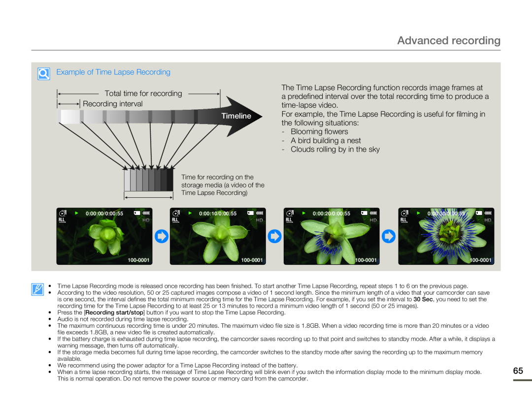 Samsung HMX-F80BP/XIL Advanced recording, Example of Time Lapse Recording, Total time for recording Recording interval 