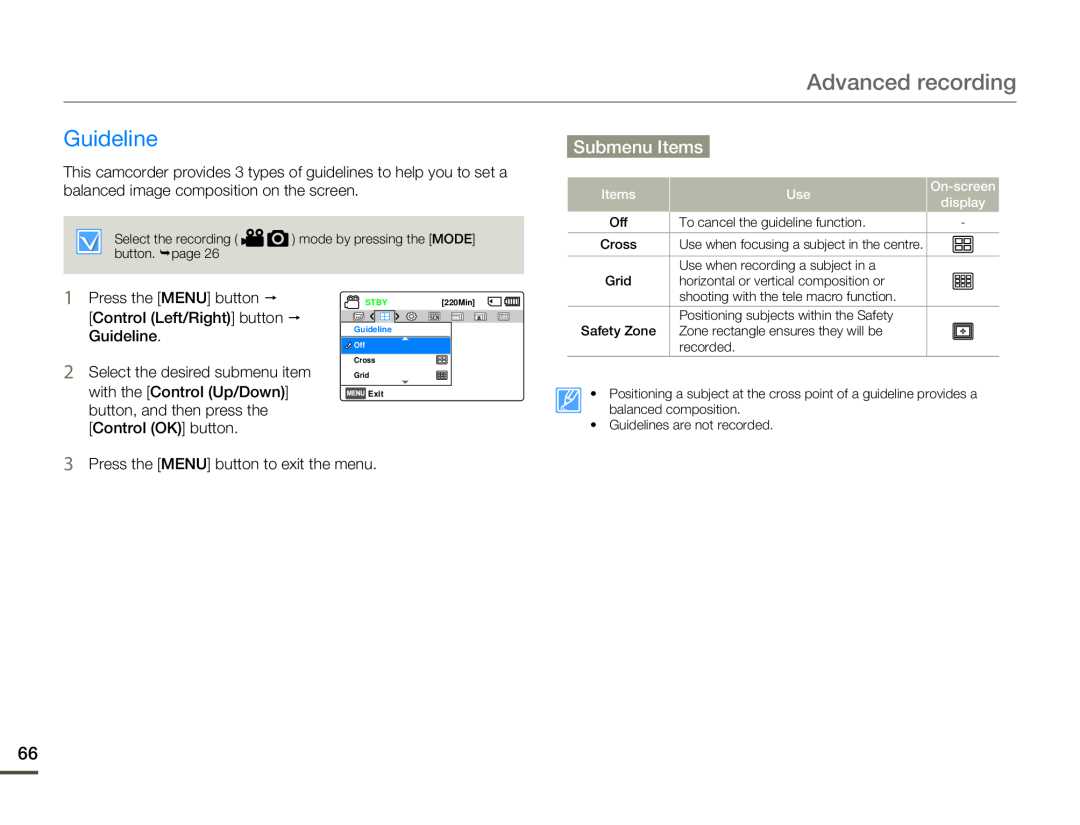 Samsung HMX-F800BP/EDC, HMX-F80BP/EDC, HMX-F80BP/MEA manual Guideline, Advanced recording, Submenu Items, Cross Grid Exit 