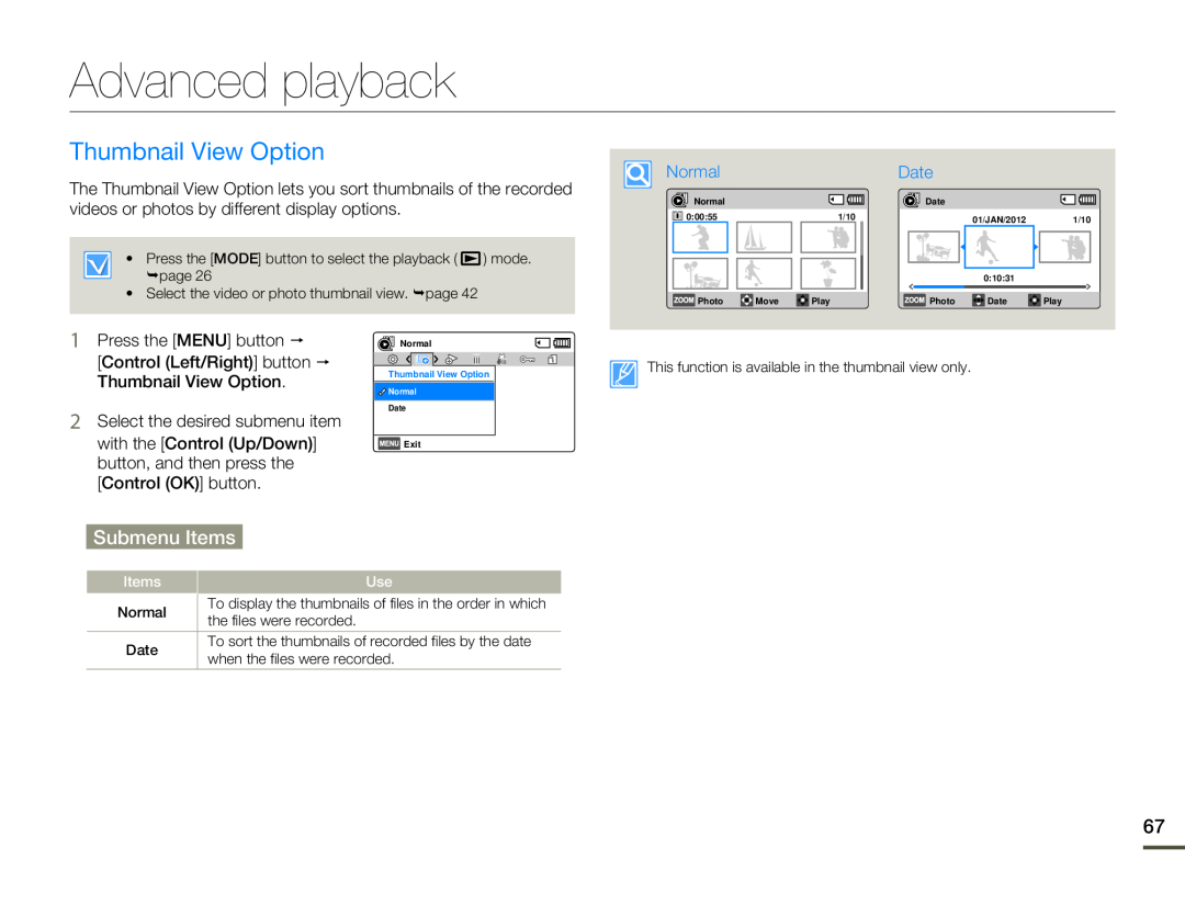 Samsung HMX-F80BP/EDC, HMX-F800BP/EDC, HMX-F80BP/MEA manual Advanced playback, Thumbnail View Option, Submenu Items, Date 