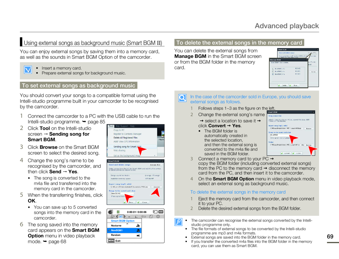 Samsung HMX-F80SP/EDC manual Advanced playback, To delete the external songs in the memory card, click Convert € Yes 