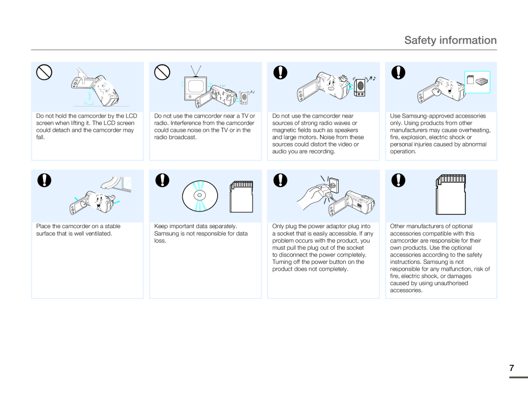 Samsung HMX-F80SP/HAC, HMX-F800BP/EDC Safety information, Place the camcorder on a stable surface that is well ventilated 