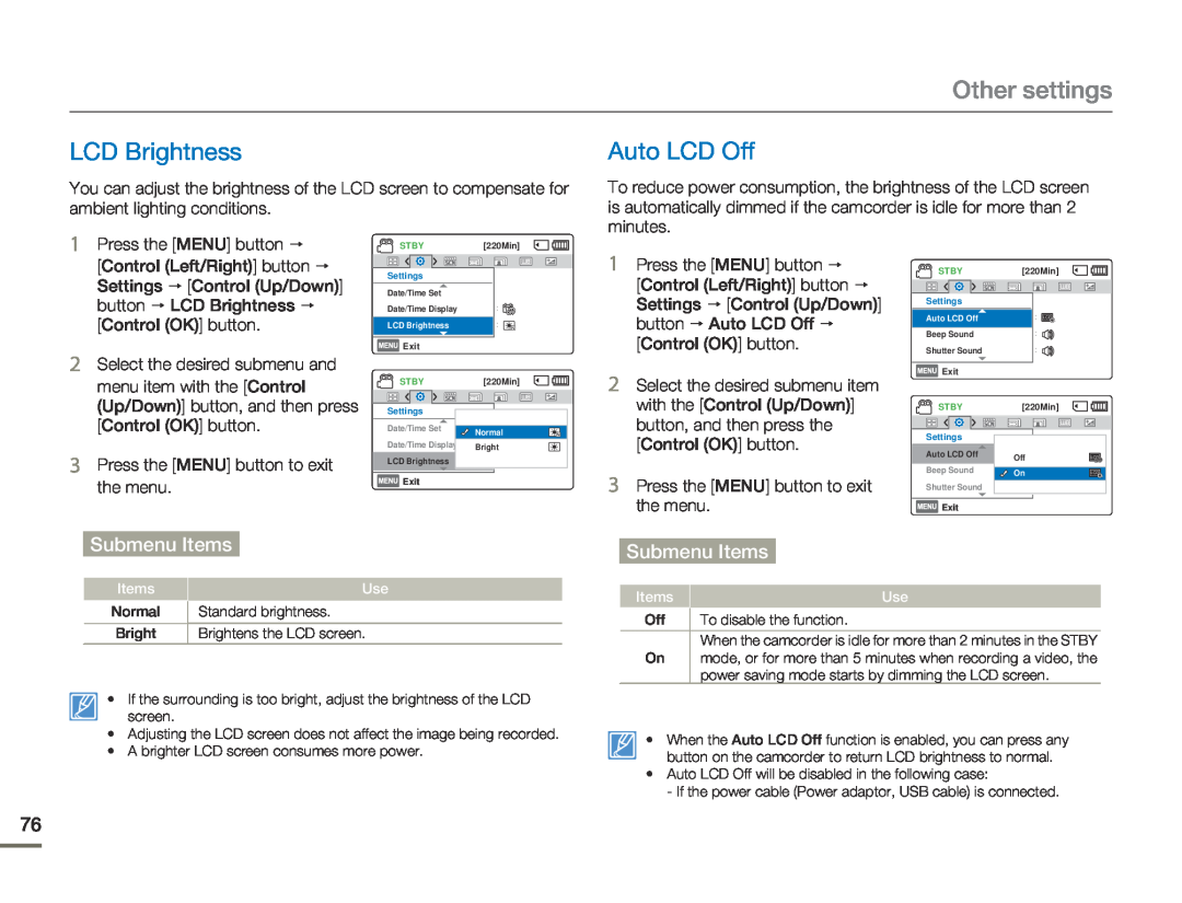 Samsung HMX-F80BP/XIL, HMX-F800BP/EDC, HMX-F80BP/EDC manual LCD Brightness, Auto LCD Off, Other settings, Submenu Items 