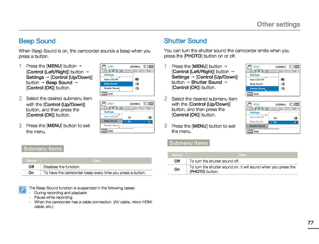 Samsung HMX-F800BP/EDC, HMX-F80BP/EDC, HMX-F80BP/MEA, HMX-F80SP/EDC Beep Sound, Shutter Sound, Other settings, Submenu Items 