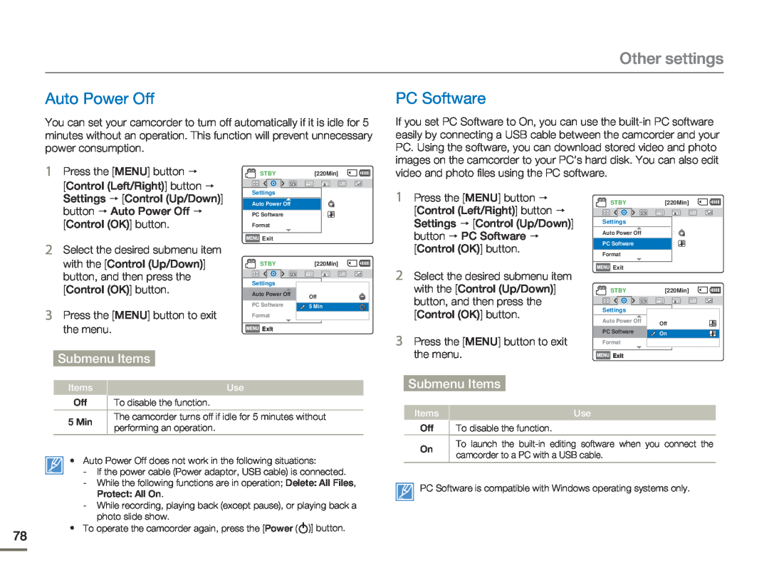 Samsung HMX-F80BP/EDC, HMX-F800BP/EDC, HMX-F80BP/MEA manual Auto Power Off, PC Software, Other settings, Submenu Items 