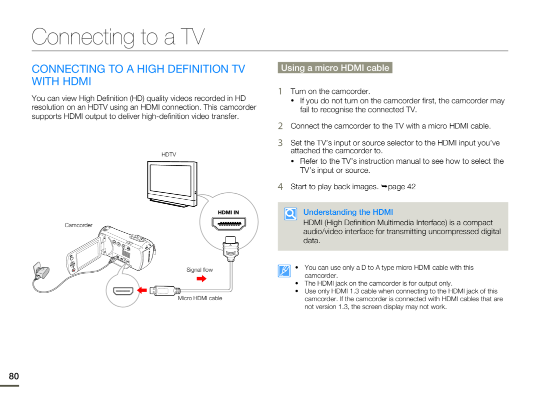 Samsung HMX-F80SP/EDC manual Connecting to a TV, Connecting To A High Definition Tv With Hdmi, Using a micro HDMI cable 