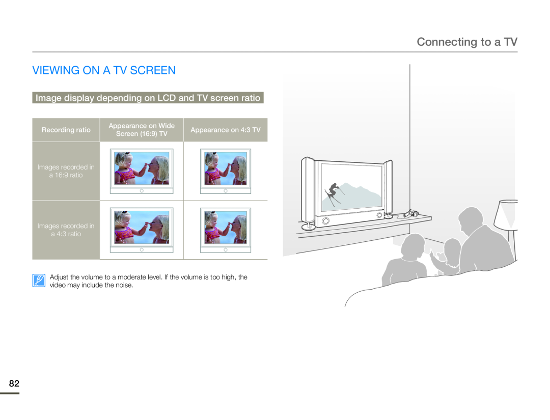 Samsung HMX-F80SP/AAW manual Viewing On A Tv Screen, Connecting to a TV, Image display depending on LCD and TV screen ratio 