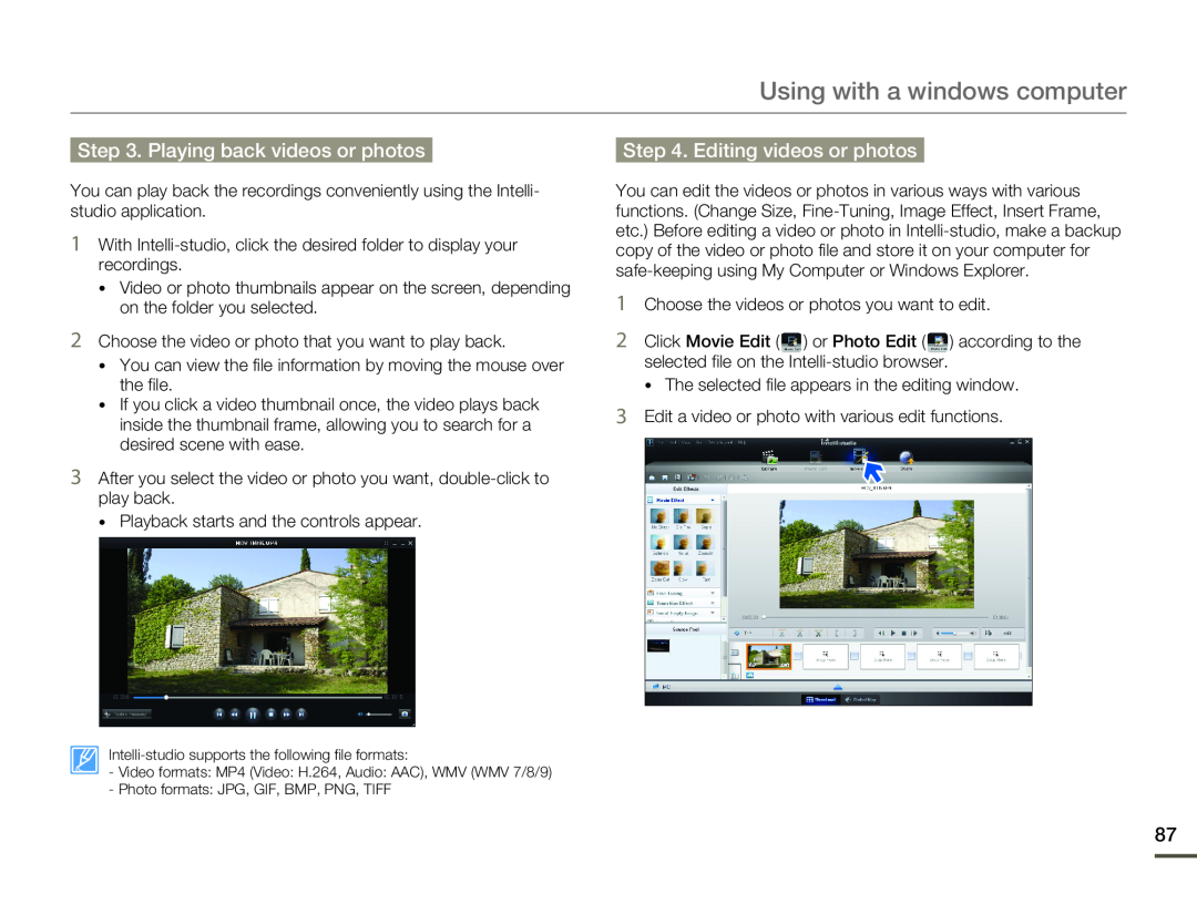 Samsung HMX-F80BP/XIL manual Using with a windows computer, Playing back videos or photos, Editing videos or photos 