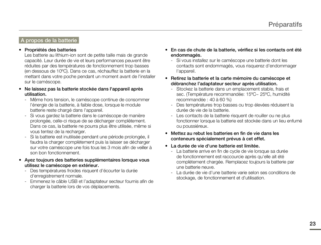 Samsung HMX-F80BP/EDC, HMX-F800BP/EDC manual Propos de la batterie 