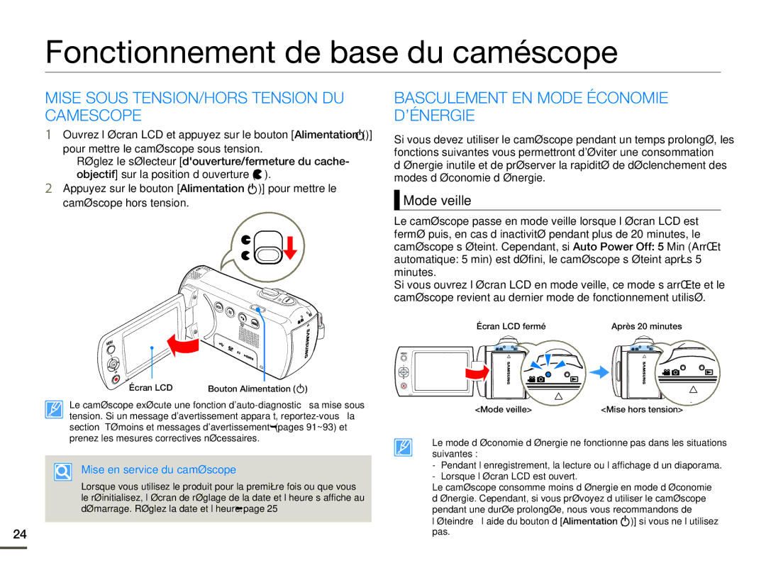 Samsung HMX-F800BP/EDC manual Fonctionnement de base du caméscope, Mise Sous TENSION/HORS Tension DU Camescope, Mode veille 