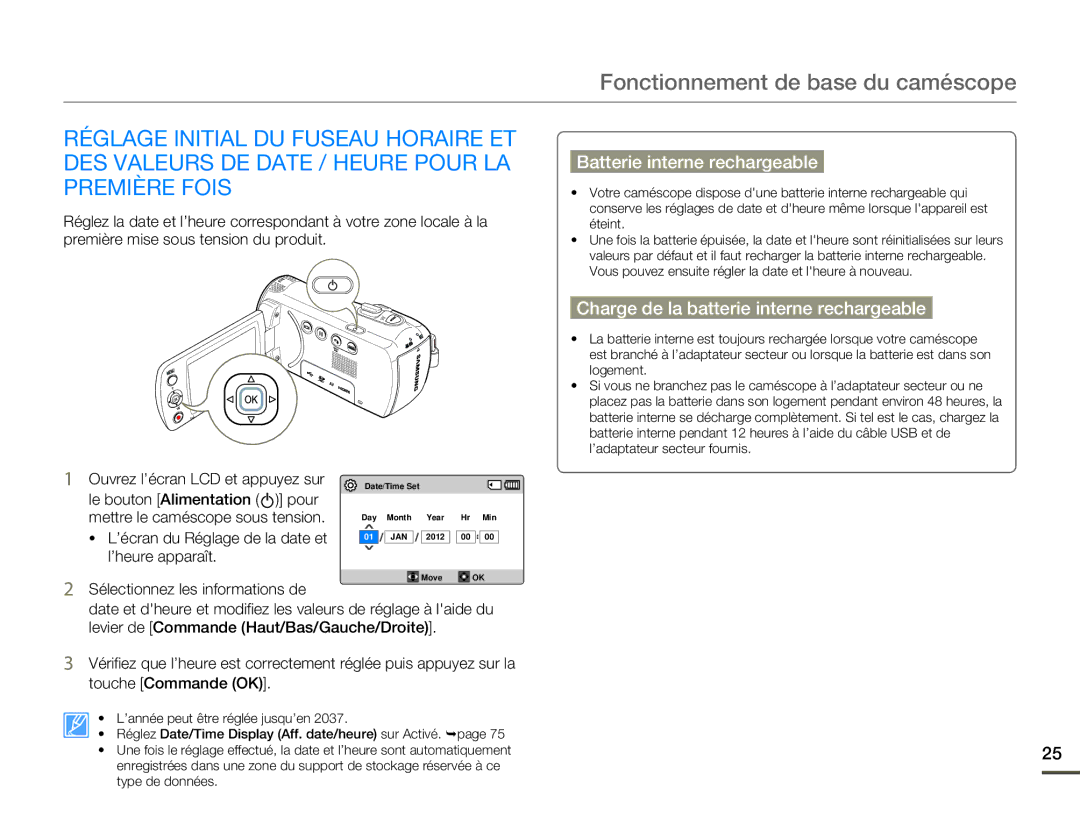 Samsung HMX-F80BP/EDC, HMX-F800BP/EDC manual Fonctionnement de base du caméscope, Batterie interne rechargeable 