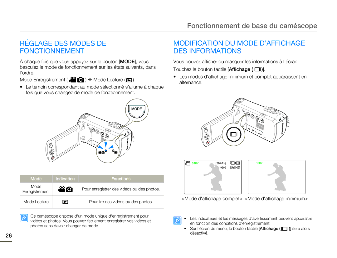 Samsung HMX-F800BP/EDC manual Réglage DES Modes DE Fonctionnement, Modification DU Mode D’AFFICHAGE DES Informations 