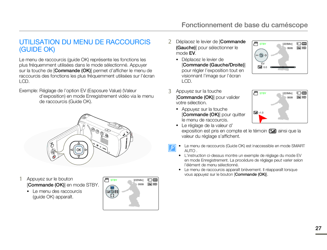 Samsung HMX-F80BP/EDC, HMX-F800BP/EDC manual Utilisation DU Menu DE Raccourcis Guide OK, Commande OK en mode Stby 