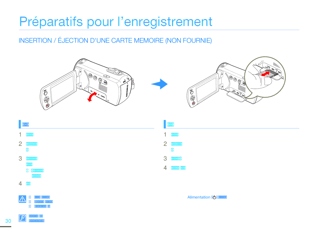 Samsung HMX-F800BP/EDC manual Préparatifs pour l’enregistrement, Insertion / Éjection Dune Carte Memoire NON Fournie 