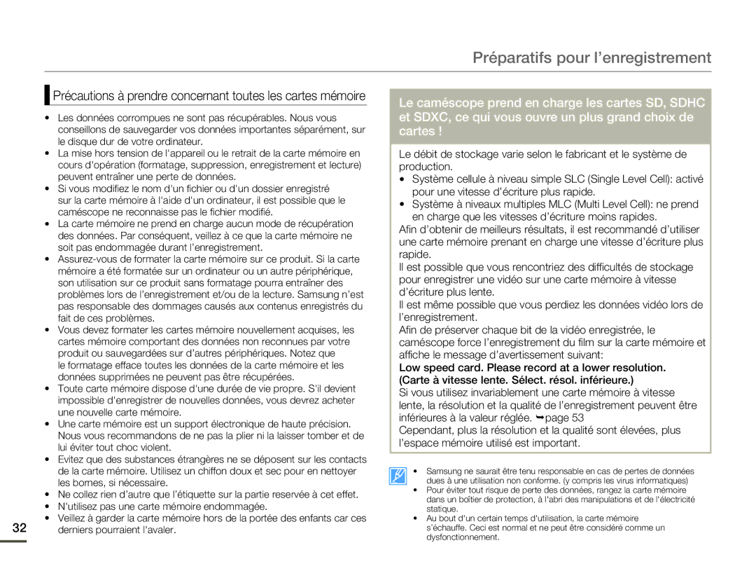 Samsung HMX-F800BP/EDC, HMX-F80BP/EDC manual Nutilisez pas une carte mémoire endommagée, Derniers pourraient lavaler 