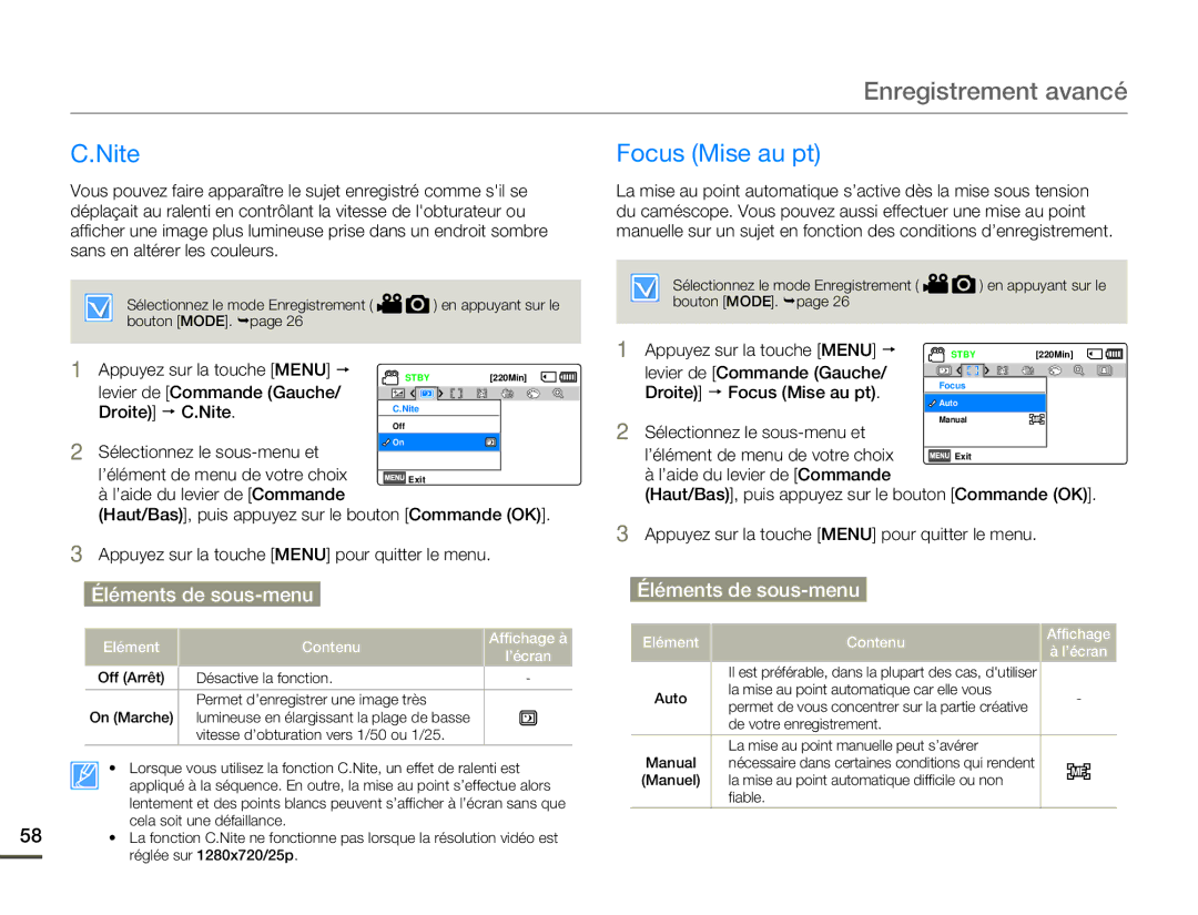 Samsung HMX-F800BP/EDC manual Nite Focus Mise au pt, Levier de Commande Gauche Droite p C.Nite, Droite p Focus Mise au pt 