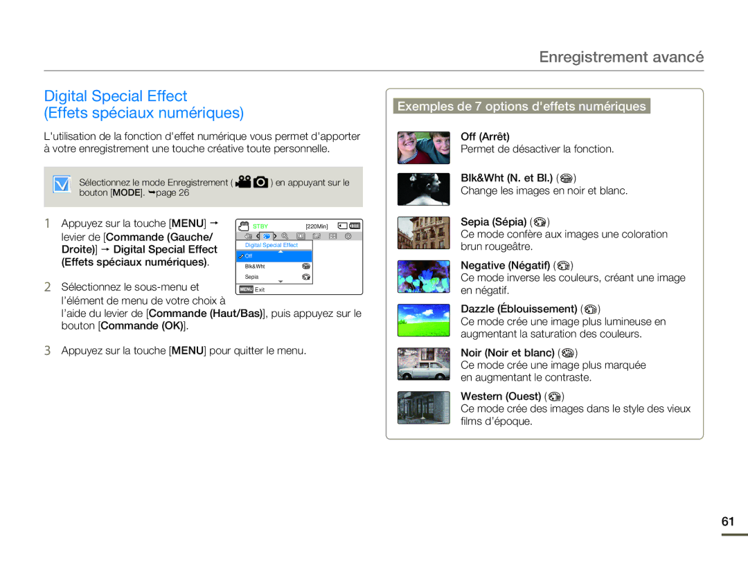 Samsung HMX-F80BP/EDC manual Digital Special Effect Effets spéciaux numériques, Exemples de 7 options deffets numériques 