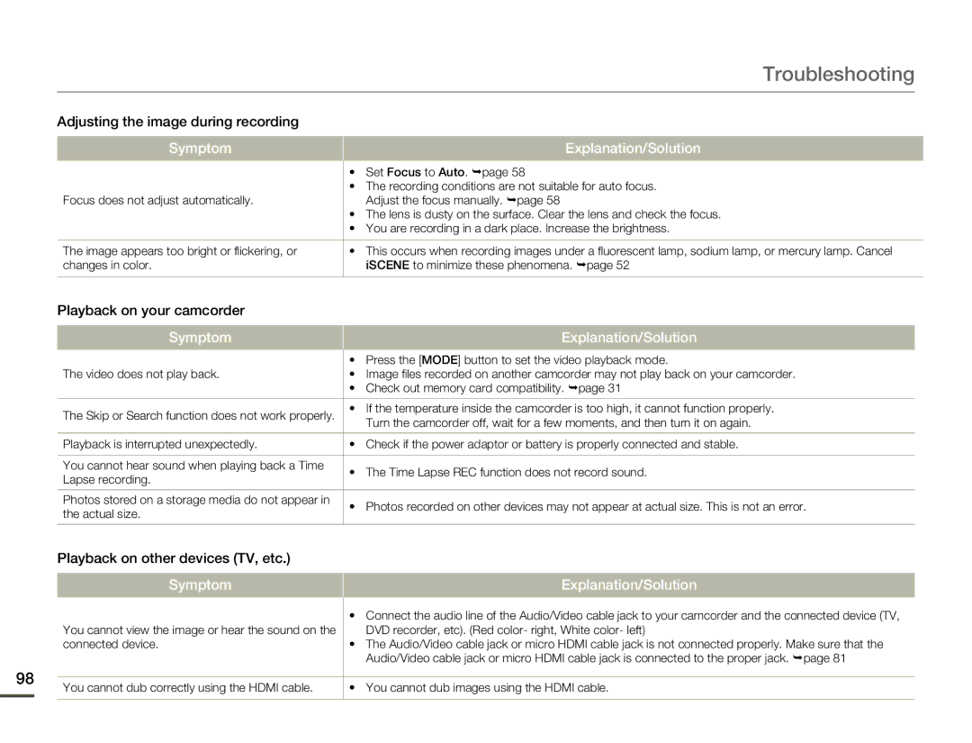 Samsung HMX-F80BN Adjusting the image during recording, Playback on your camcorder, Playback on other devices TV, etc 