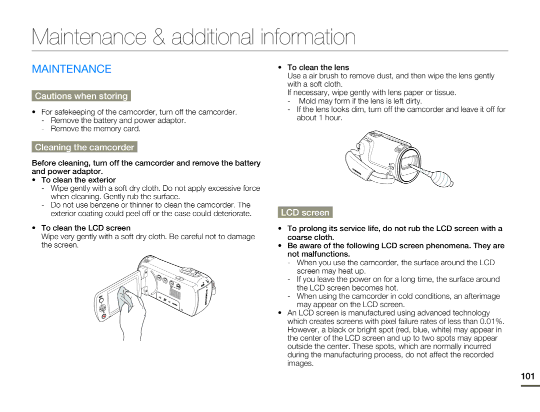 Samsung HMX-F80BN user manual Maintenance & additional information, Cleaning the camcorder, LCD screen, 101 