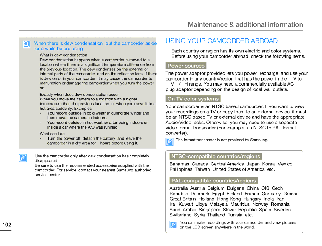 Samsung HMX-F80BN user manual Maintenance & additional information, Using Your Camcorder Abroad 