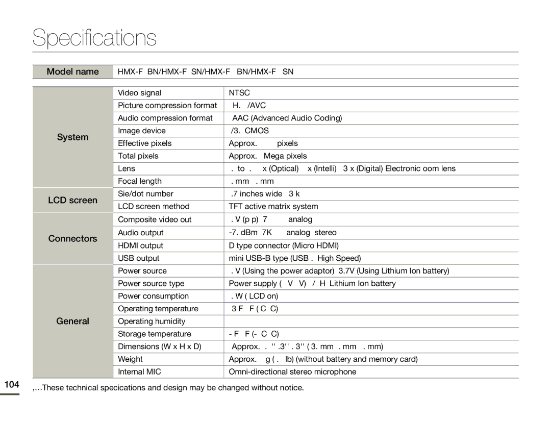 Samsung HMX-F80BN user manual Specifications, Model name, System LCD screen Connectors General, Video signal 