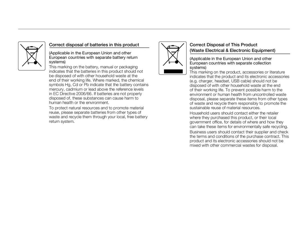 Samsung HMX-F80BN user manual Correct disposal of batteries in this product 