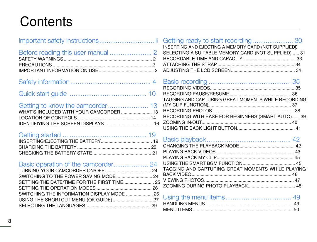 Samsung HMX-F80BN user manual Contents 