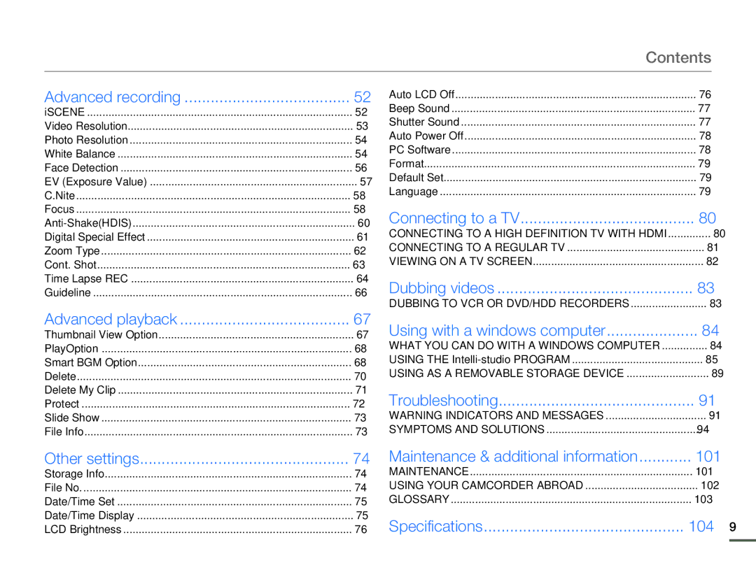 Samsung HMX-F80BN user manual Contents 