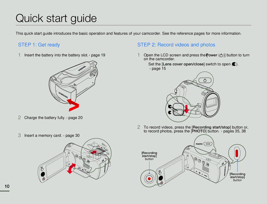 Samsung HMX-F80BN user manual Quick start guide, On the camcorder, Set the Lens cover open/close switch to open, ¬page 