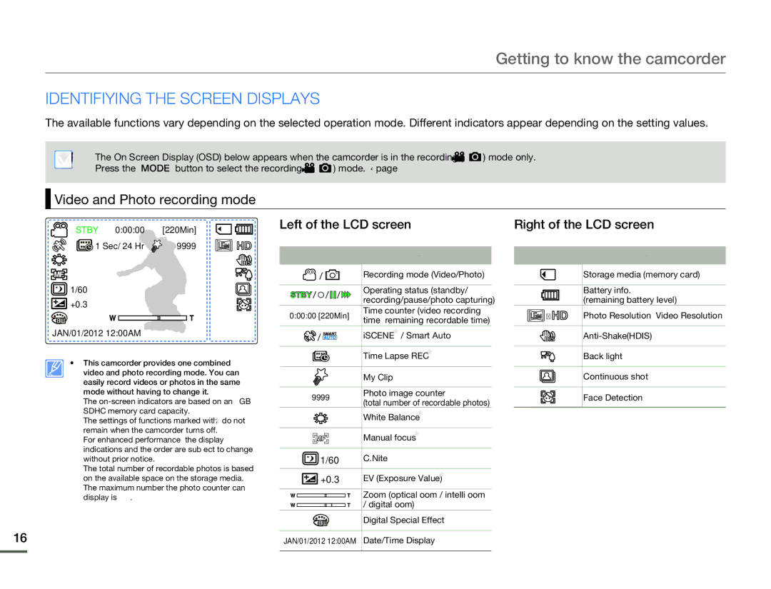 Samsung HMX-F80BN user manual Identifiying the Screen Displays, Video and Photo recording mode, Indicator Meaning 