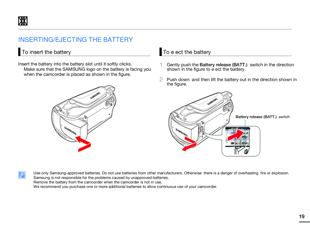 Samsung HMX-F80BN user manual Getting started, INSERTING/EJECTING the Battery, To insert the battery, To eject the battery 