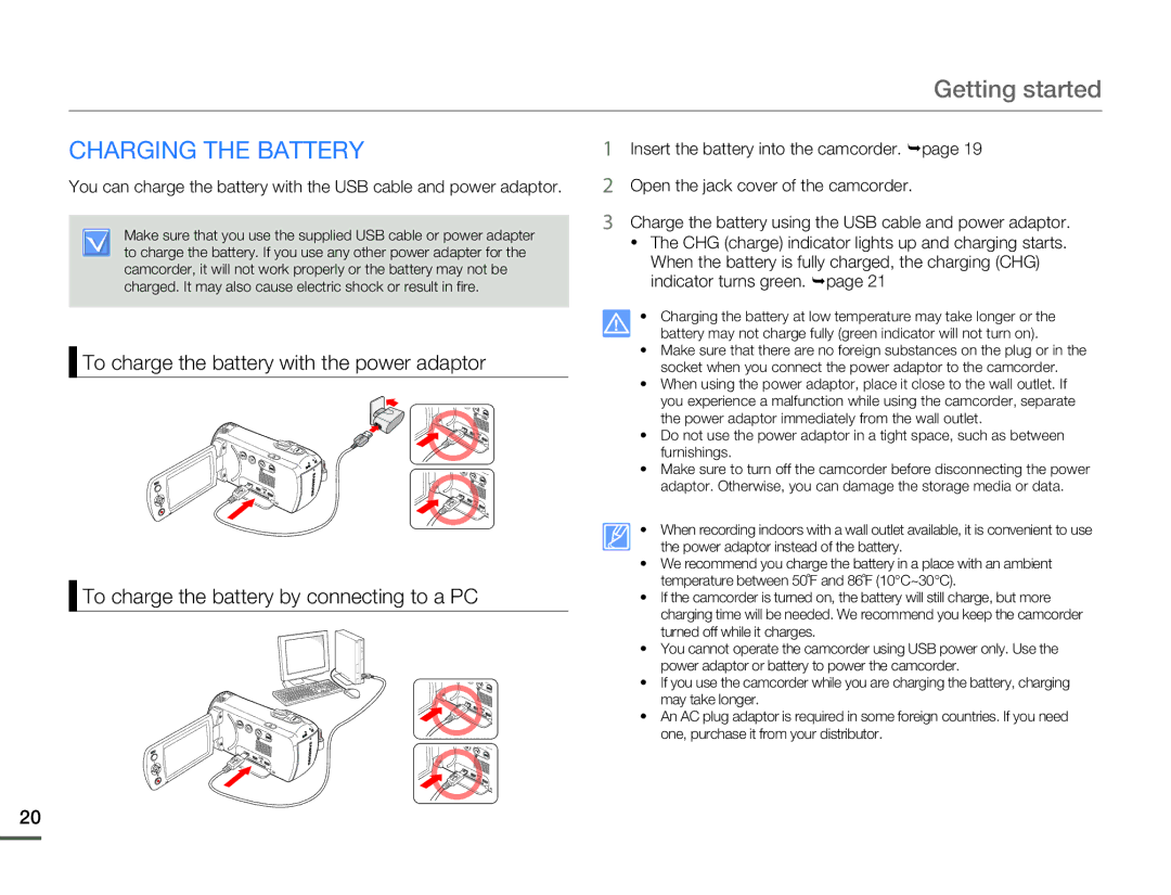 Samsung HMX-F80BN user manual Getting started, Charging the Battery 