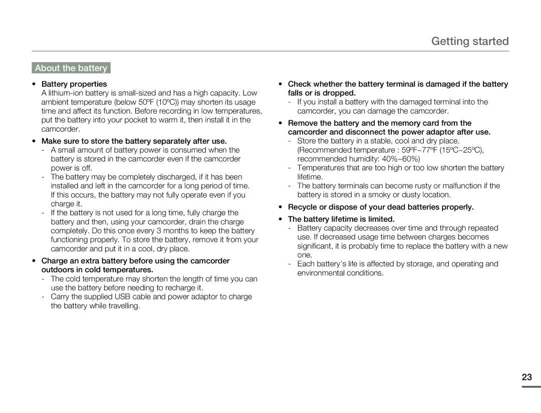 Samsung HMX-F80BN user manual About the battery 