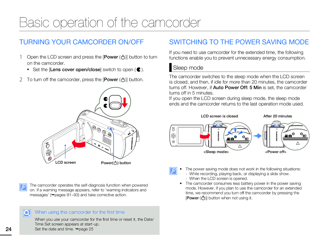 Samsung HMX-F80BN Basic operation of the camcorder, Turning Your Camcorder ON/OFF, Switching to the Power Saving Mode 