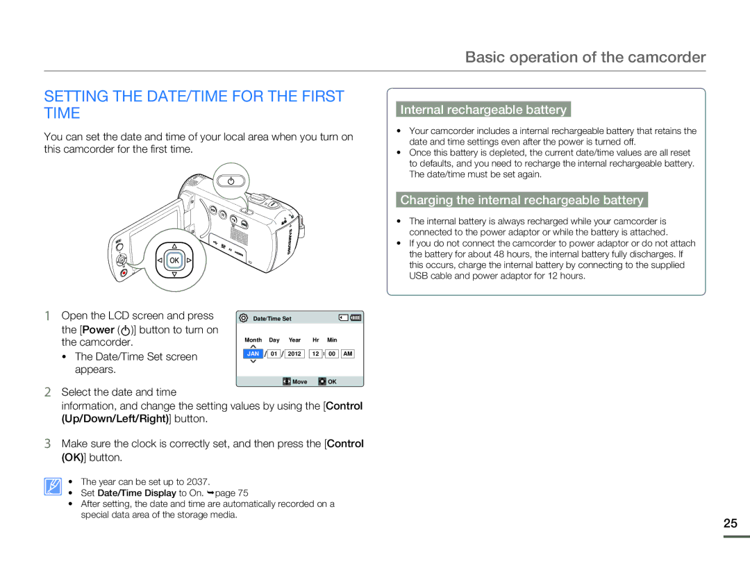 Samsung HMX-F80BN user manual Basic operation of the camcorder, Setting the DATE/TIME for the First Time 