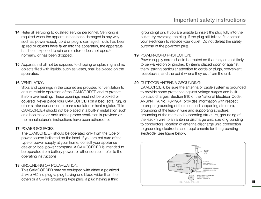 Samsung HMX-F80BN user manual Important safety instructions, Iii 