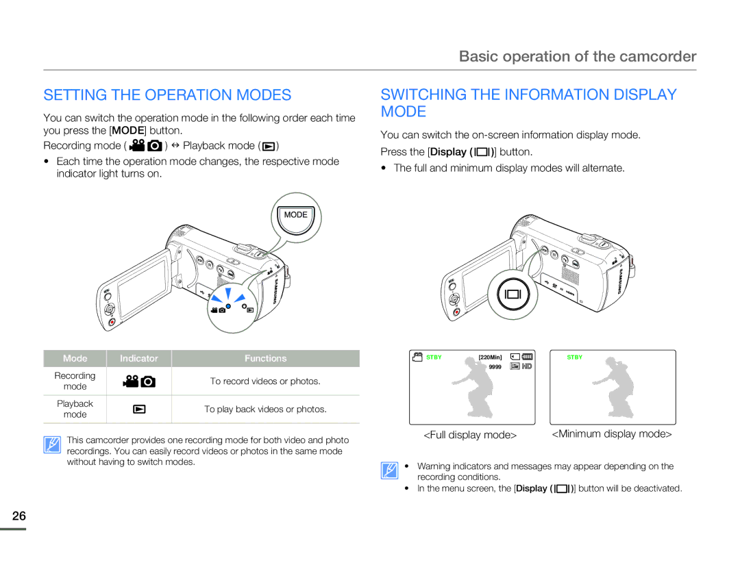 Samsung HMX-F80BN user manual Setting the Operation Modes, Switching the Information Display Mode, Full display mode 