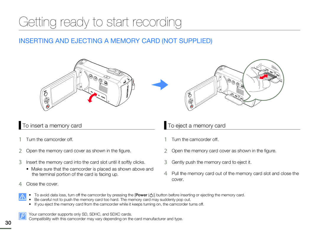 Samsung HMX-F80BN user manual Getting ready to start recording, Inserting and Ejecting a Memory Card not Supplied 