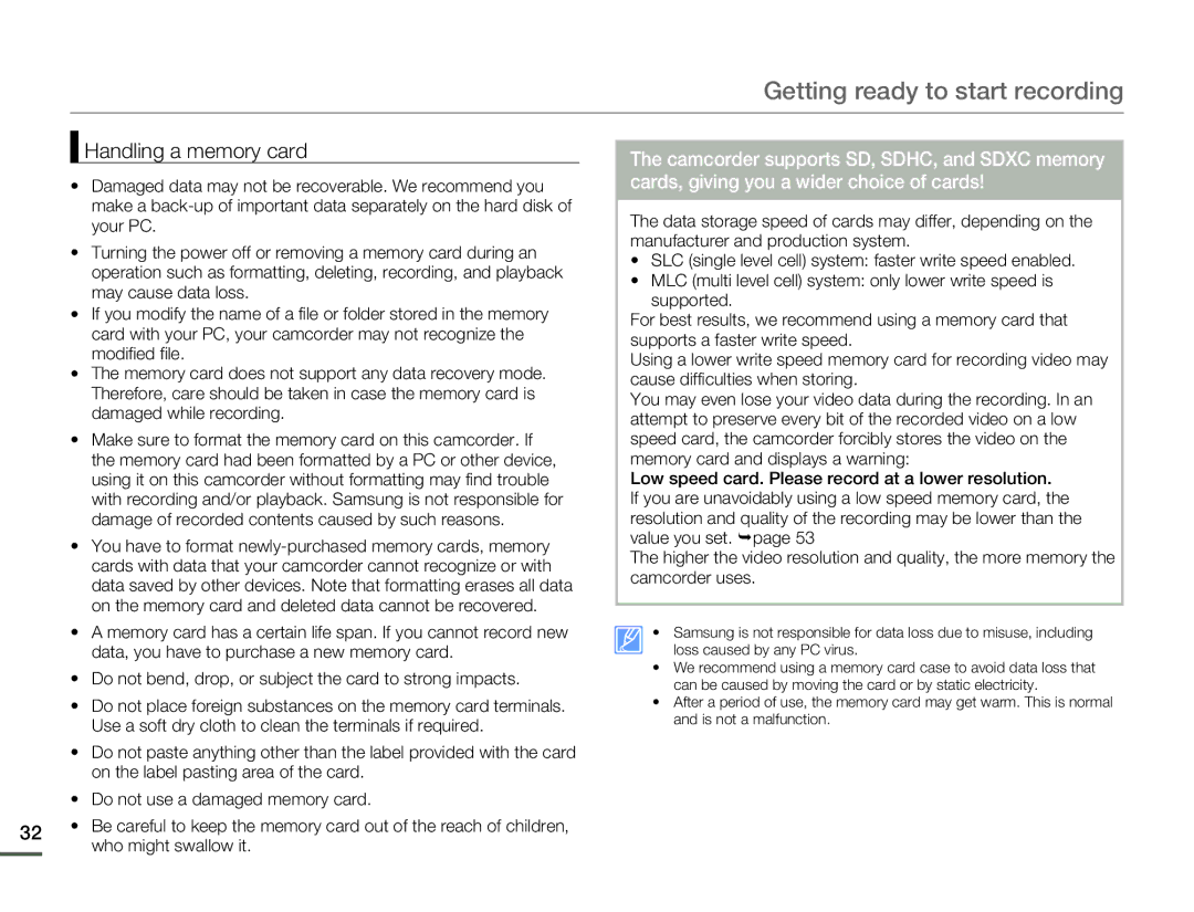 Samsung HMX-F80BN user manual Handling a memory card 