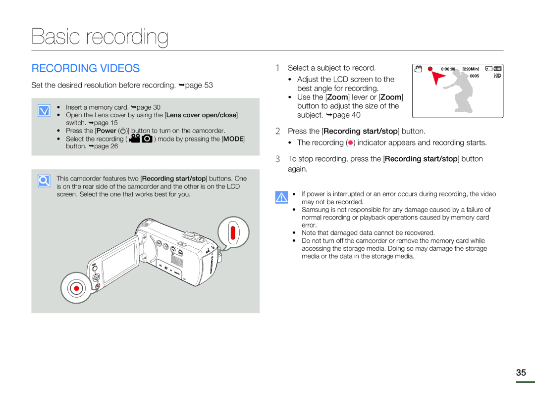 Samsung HMX-F80BN user manual Basic recording, Recording Videos, Set the desired resolution before recording. ¬page 