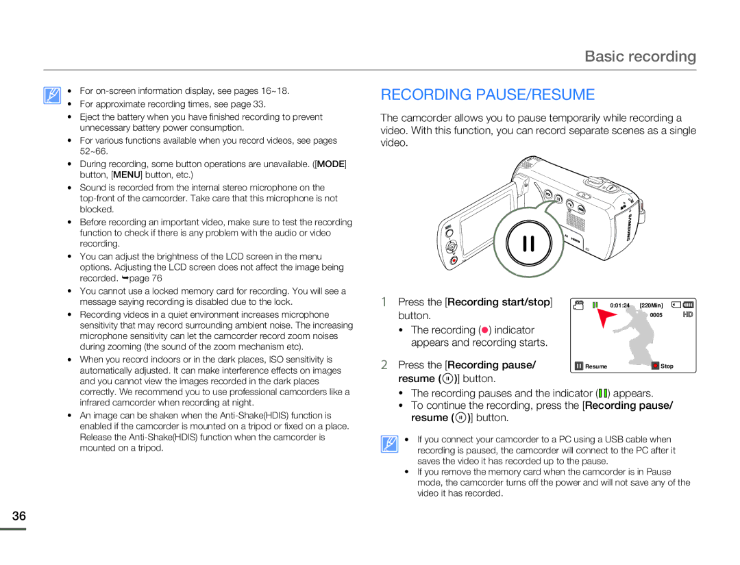 Samsung HMX-F80BN user manual Basic recording, Recording PAUSE/RESUME, Press the Recording start/stop, Button 