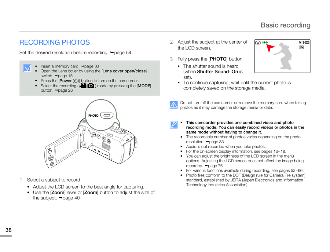 Samsung HMX-F80BN user manual Recording Photos, Set the desired resolution before recording. ¬page 