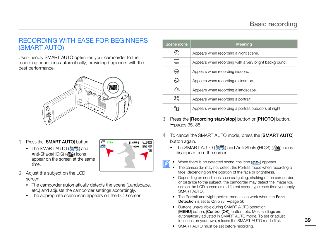 Samsung HMX-F80BN user manual Recording with Ease for Beginners Smart Auto, Press the Smart Auto button, Anti-ShakeHDIS 