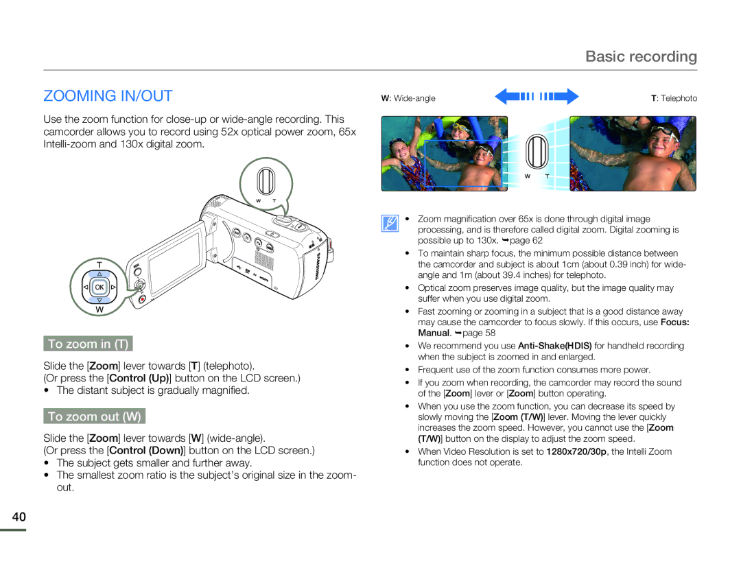 Samsung HMX-F80BN user manual Zooming IN/OUT, To zoom in T, To zoom out W 