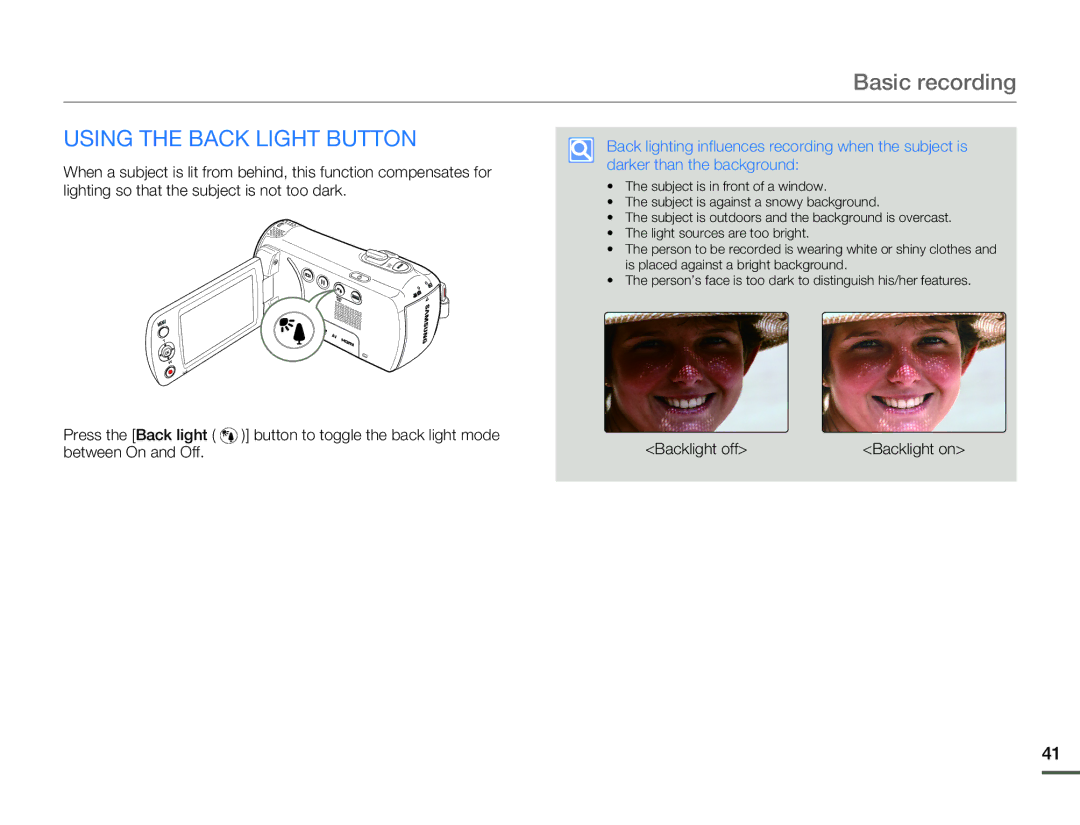 Samsung HMX-F80BN user manual Using the Back Light Button, Backlight off Backlight on 