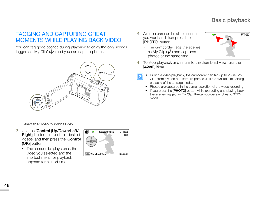 Samsung HMX-F80BN user manual Tagging and Capturing Great Moments While Playing Back Video 