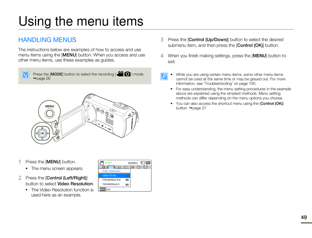 Samsung HMX-F80BN user manual Using the menu items, Handling Menus 