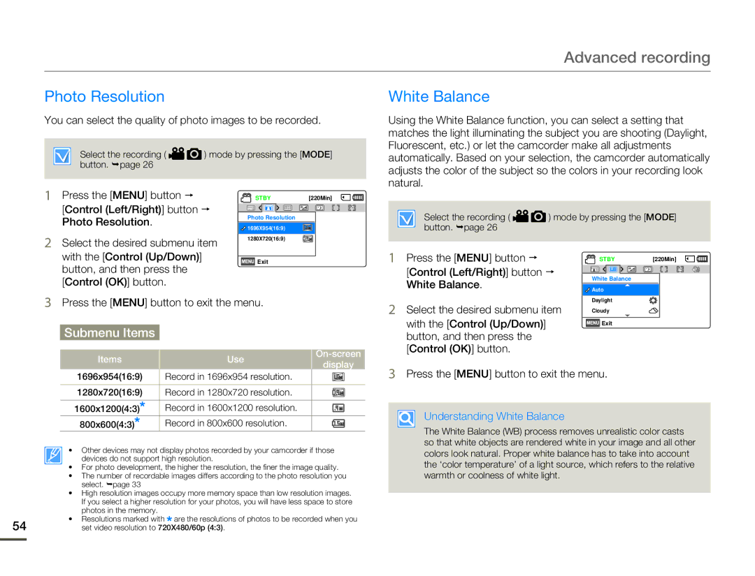 Samsung HMX-F80BN user manual Photo Resolution White Balance, Understanding White Balance 