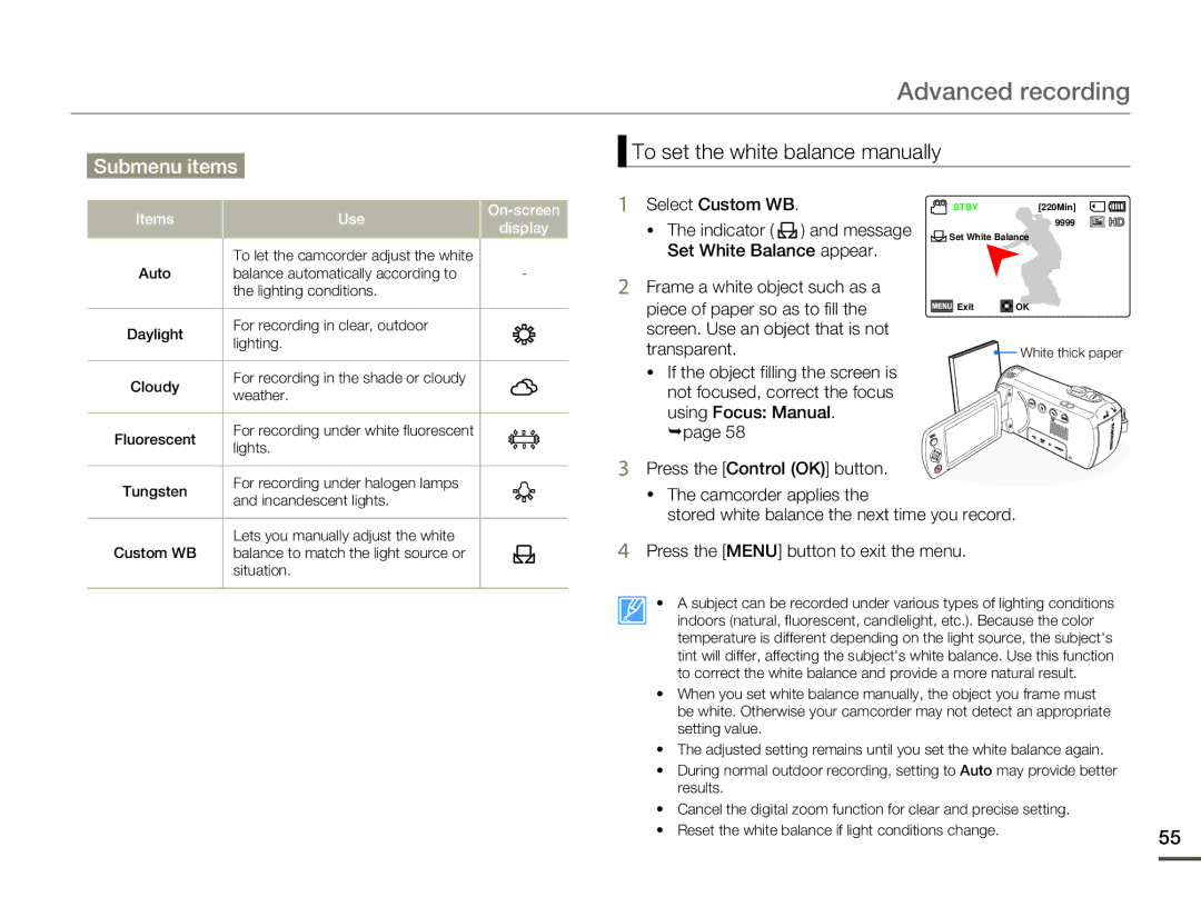 Samsung HMX-F80BN To set the white balance manually, Select Custom WB, Piece of paper so as to fill, Items Use Display 